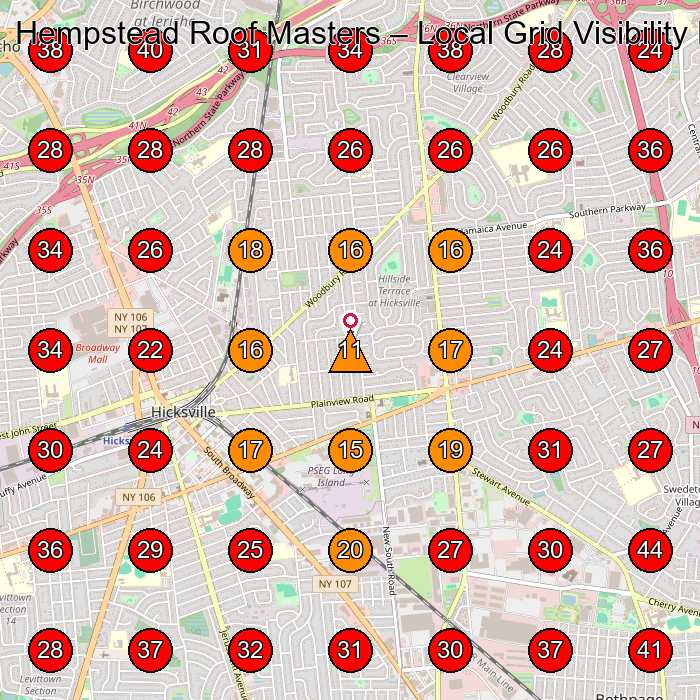 Hempstead Roof Masters GeoGrid visibility map for Roofing Contractor in Hicksville